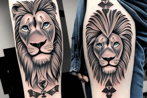 lion with a blue eyes and a Rome number III tattoo idea