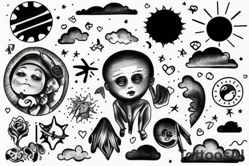 Un enfant avec un nuage noir au dessus de La tête qui regarde le soleil tattoo idea