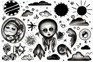 Un enfant avec un nuage noir au dessus de La tête qui regarde le soleil tattoo idea