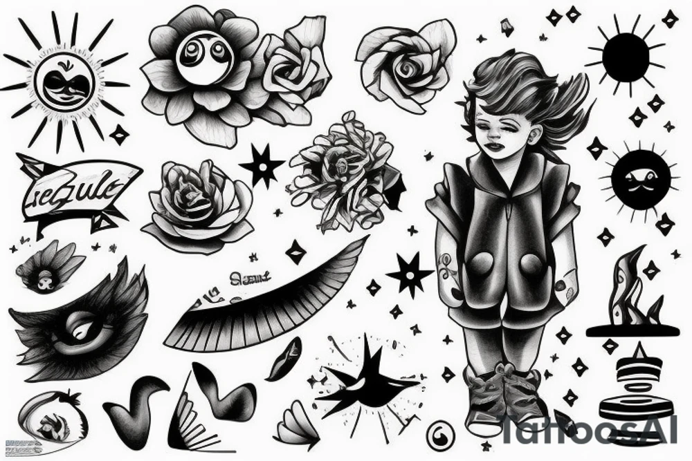 Un enfant avec un nuage noir au dessus de La tête qui regarde le soleil tattoo idea