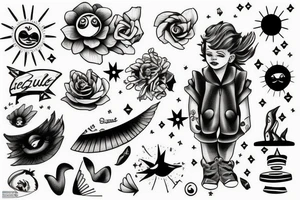 Un enfant avec un nuage noir au dessus de La tête qui regarde le soleil tattoo idea