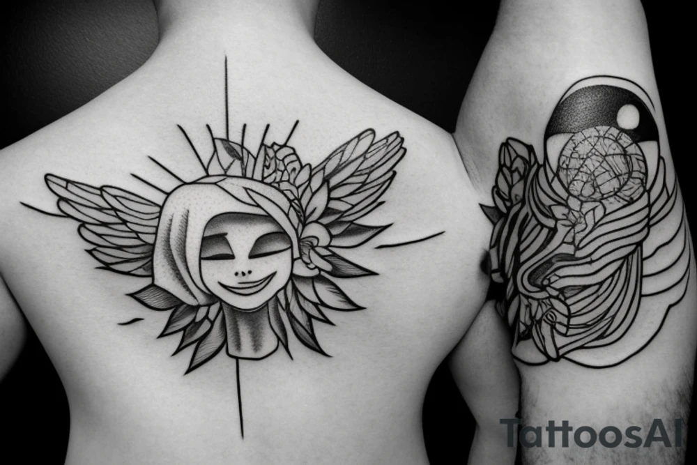 Un enfant avec un nuage noir au dessus de La tête qui regarde le soleil tattoo idea