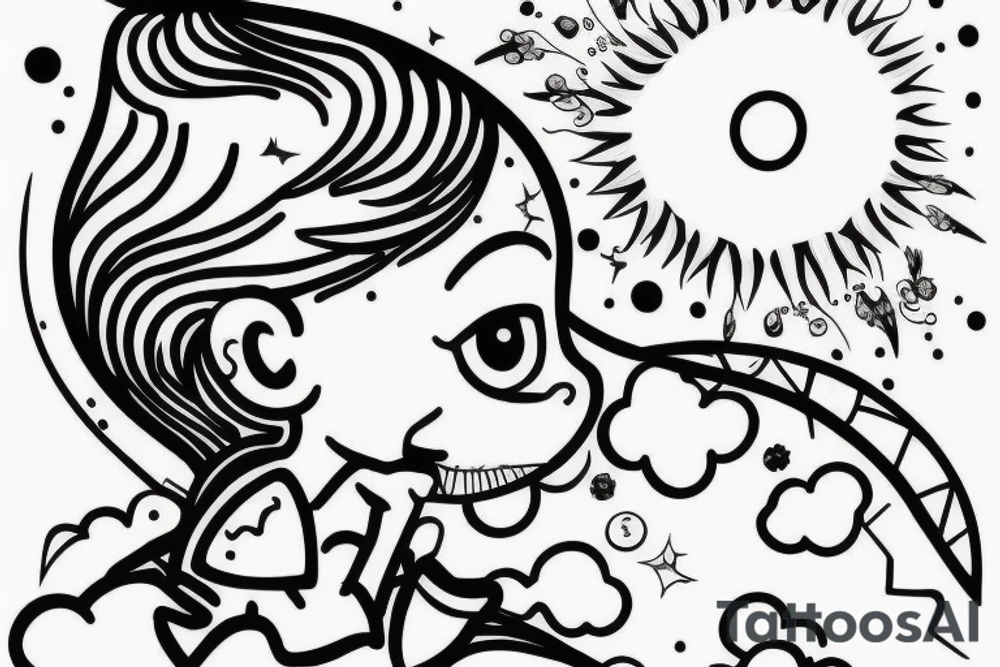 Un enfant avec un nuage noir au dessus de La tête qui regarde le soleil tattoo idea