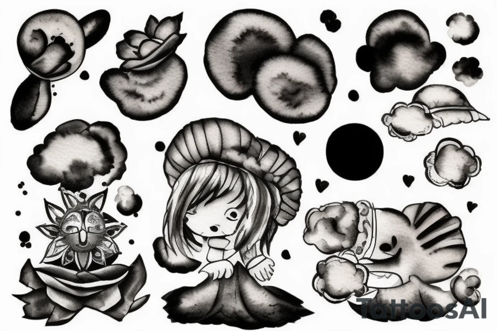 Un enfant avec un nuage noir au dessus de La tête qui regarde le soleil tattoo idea