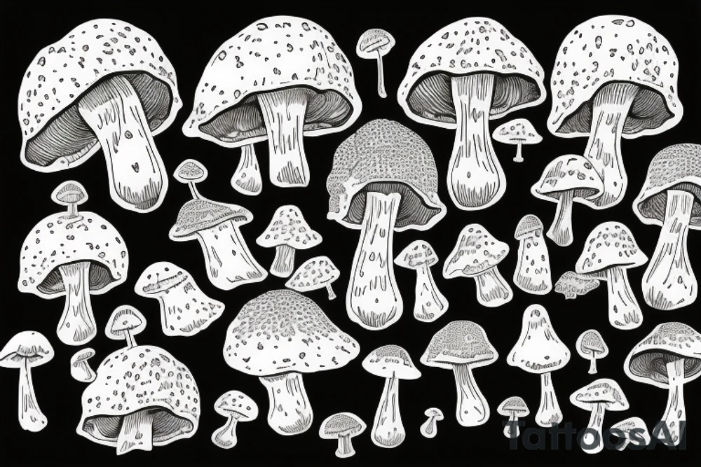 men bites fly agaric mushroom with lot of saliva tattoo idea