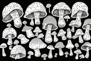 men bites fly agaric mushroom with lot of saliva tattoo idea