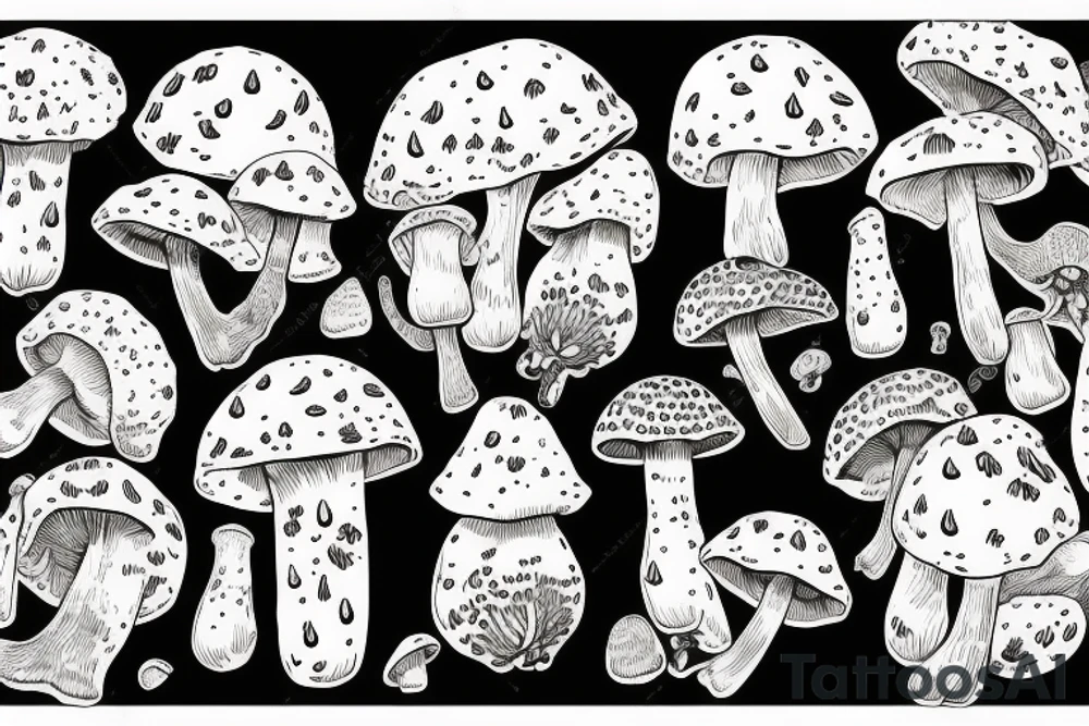 men bites fly agaric mushroom with lot of saliva tattoo idea