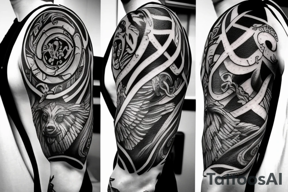 Sleeve tattoo art inspired by Greek mythology and Aries aesthetic tattoo idea