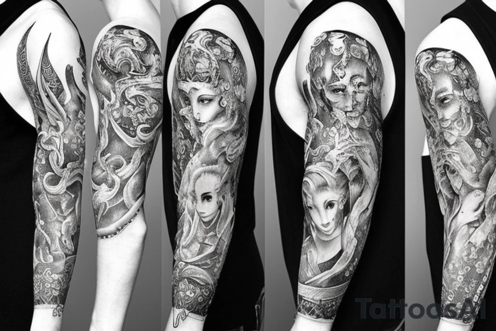Sleeve tattoo art inspired by Greek mythology and Aries aesthetic tattoo idea