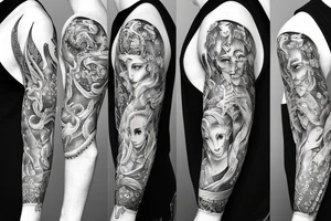 Sleeve tattoo art inspired by Greek mythology and Aries aesthetic tattoo idea