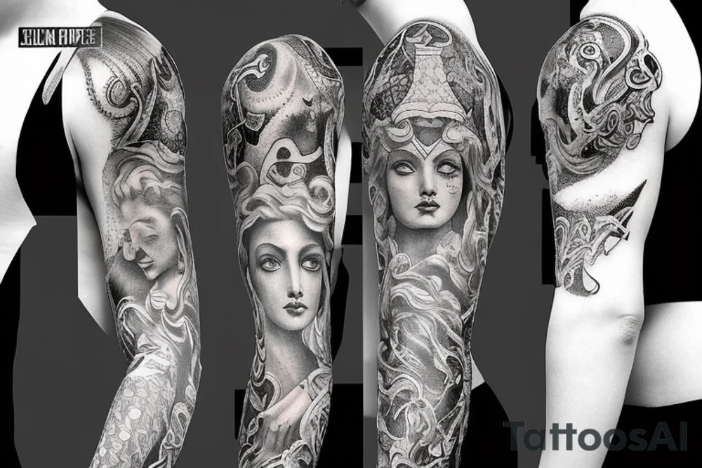 Sleeve tattoo art inspired by Greek mythology and Aries aesthetic realistic tattoo idea