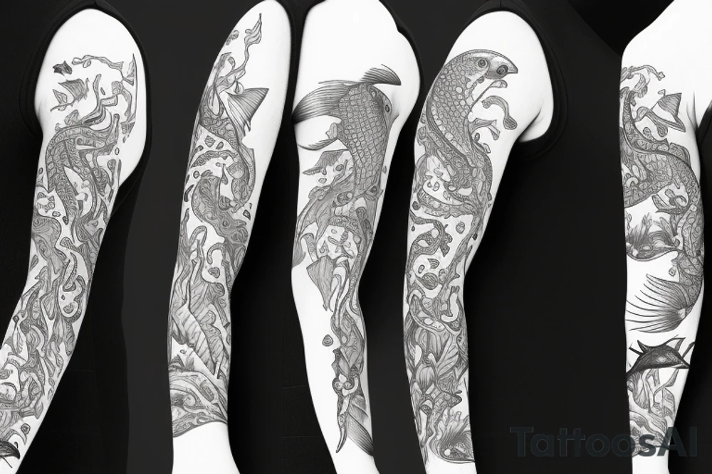 A sleeve with 2 fishes swimming up to the river tattoo idea