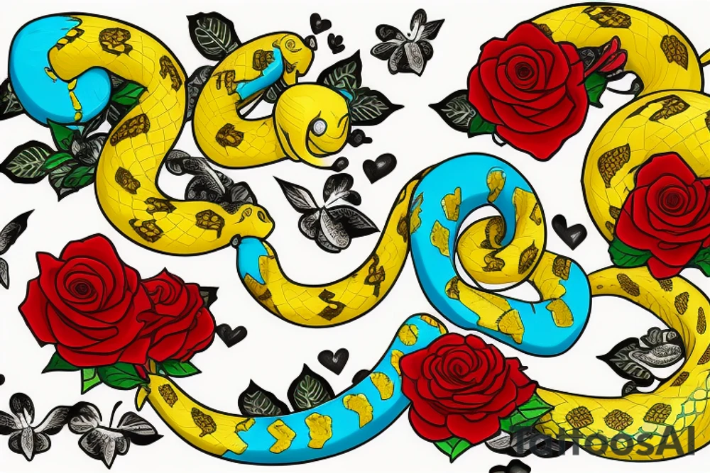 Tattoo of a detailed yellow snake with black patches and cyan highlights, wrapped around a red heart with gold outlines, Red roses with green petals and stems in the background tattoo idea