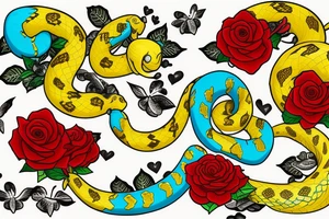 Tattoo of a detailed yellow snake with black patches and cyan highlights, wrapped around a red heart with gold outlines, Red roses with green petals and stems in the background tattoo idea