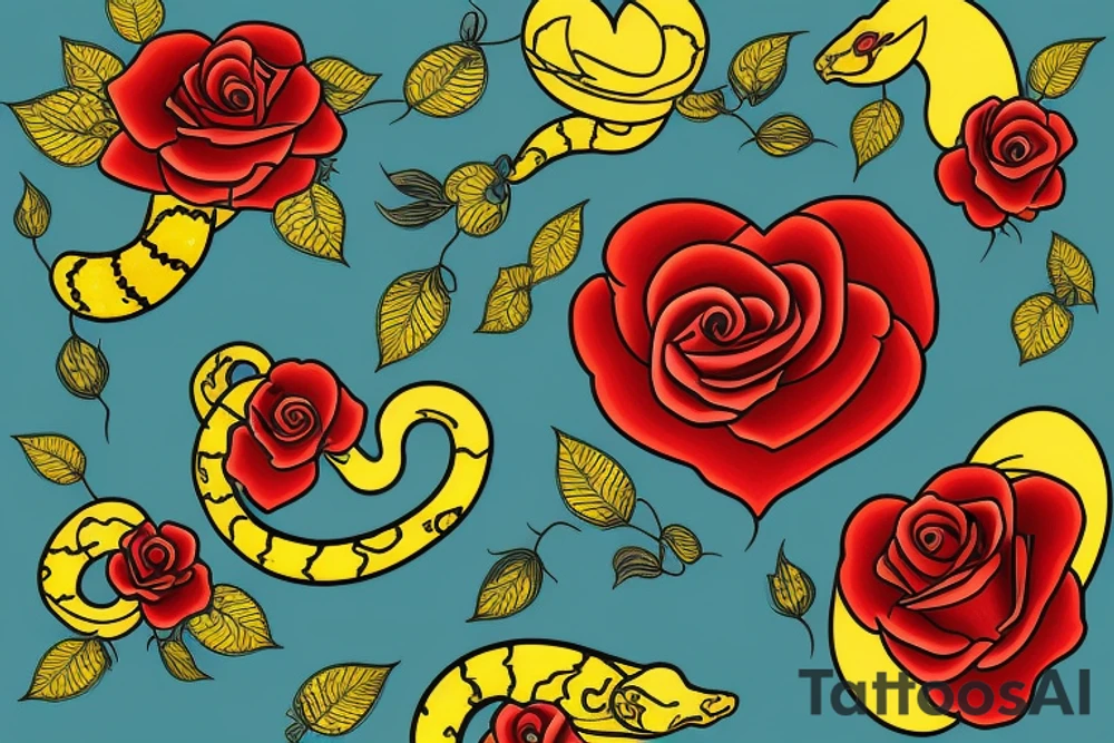 Tattoo of a detailed yellow snake with black patches and cyan highlights, wrapped around a red heart with gold outlines, Red roses with green petals and stems in the background tattoo idea