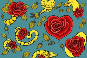 Tattoo of a detailed yellow snake with black patches and cyan highlights, wrapped around a red heart with gold outlines, Red roses with green petals and stems in the background tattoo idea