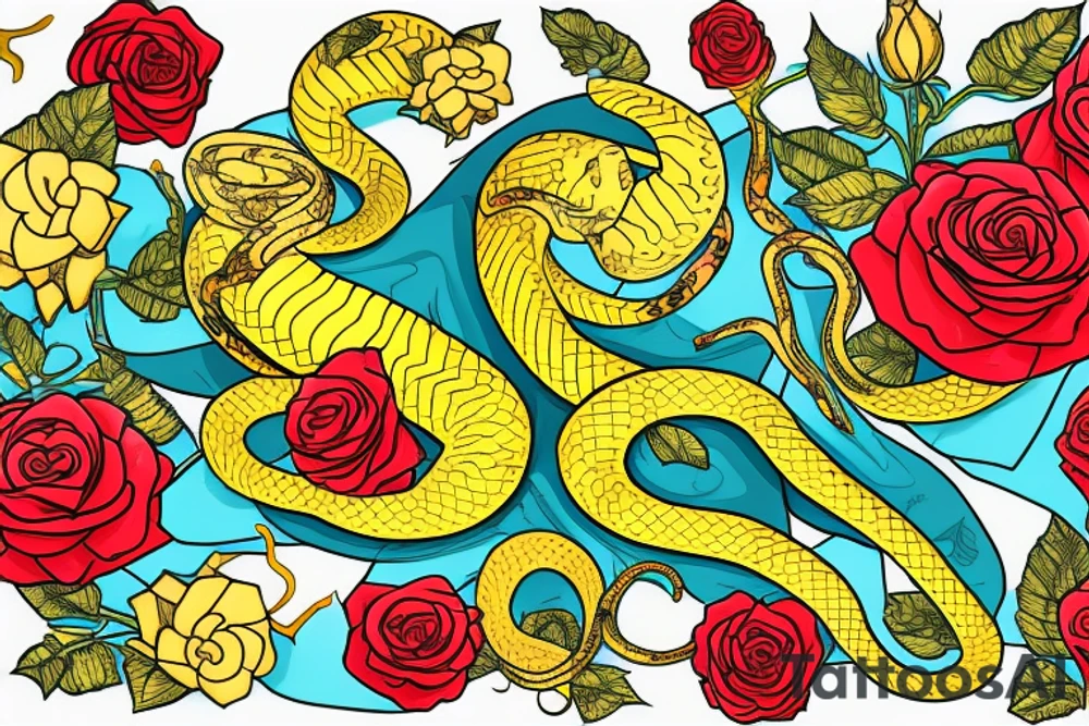 Tattoo of a detailed yellow snake with black patches and cyan highlights, wrapped around a red heart with gold outlines, Red roses with green petals and stems in the background tattoo idea