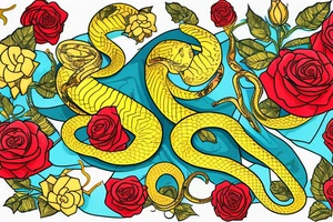 Tattoo of a detailed yellow snake with black patches and cyan highlights, wrapped around a red heart with gold outlines, Red roses with green petals and stems in the background tattoo idea