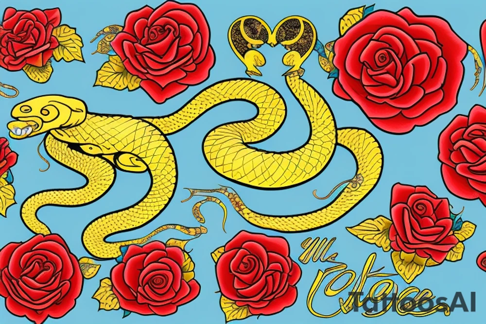 Tattoo of a detailed yellow snake with black patches and cyan highlights, wrapped around a red heart with gold outlines, Red roses with green petals and stems in the background tattoo idea