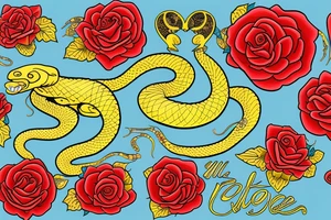 Tattoo of a detailed yellow snake with black patches and cyan highlights, wrapped around a red heart with gold outlines, Red roses with green petals and stems in the background tattoo idea