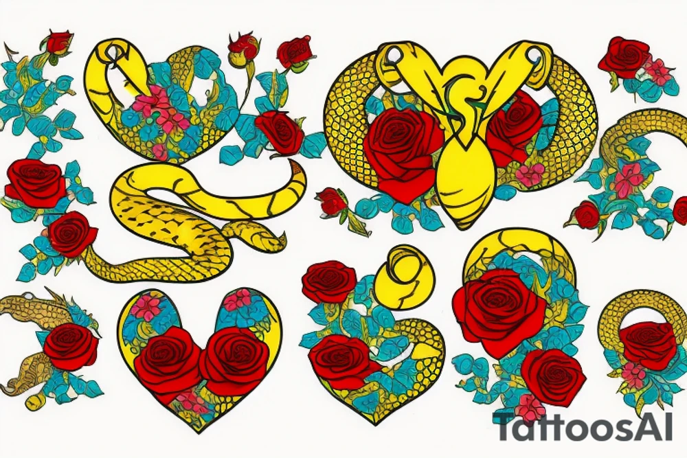 Tattoo of a detailed yellow snake with black patches and cyan highlights, wrapped around a red heart with gold outlines, Red roses with green petals and stems in the background tattoo idea
