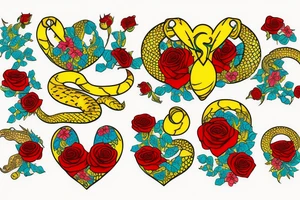 Tattoo of a detailed yellow snake with black patches and cyan highlights, wrapped around a red heart with gold outlines, Red roses with green petals and stems in the background tattoo idea