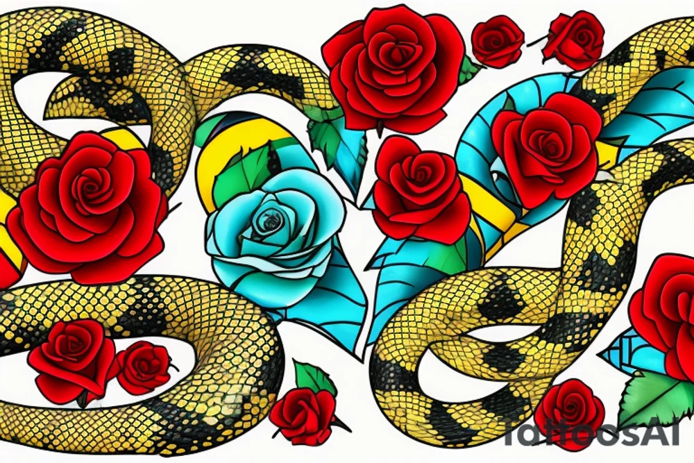 Tattoo of a detailed yellow snake with black patches and cyan highlights, wrapped around a red heart with gold outlines, Red roses with green petals and stems in the background tattoo idea