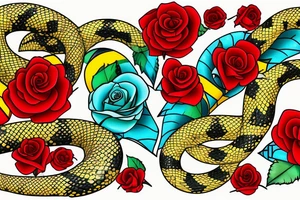 Tattoo of a detailed yellow snake with black patches and cyan highlights, wrapped around a red heart with gold outlines, Red roses with green petals and stems in the background tattoo idea