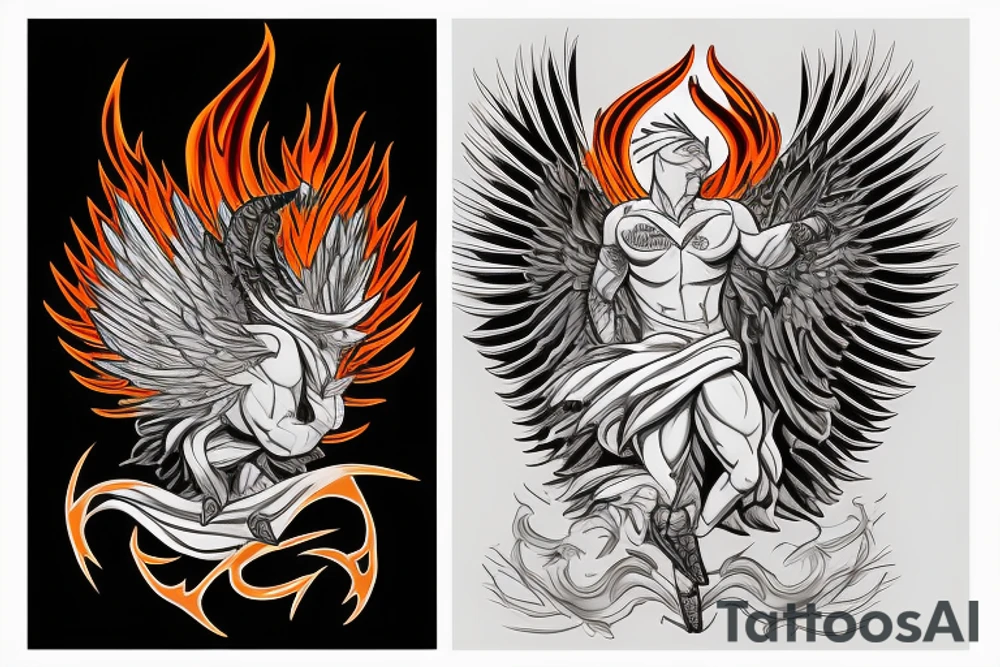A sad boy transforms with phoenix's fire into a prideful warrior that represents power, ambition and persistence. tattoo idea A sad boy transforms with phoenix's fire into a prideful warrior that represents power, ambition and persistence. tattoo idea