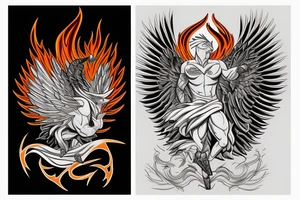 A sad boy transforms with phoenix's fire into a prideful warrior that represents power, ambition and persistence. tattoo idea