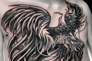 A sad boy transforms with phoenix's fire into a prideful warrior. tattoo idea