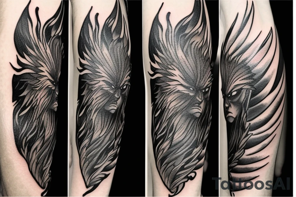 A sad boy transforms with phoenix's fire into a prideful warrior. tattoo idea A sad boy transforms with phoenix's fire into a prideful warrior. tattoo idea