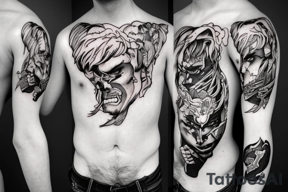 A sad boy transforms into a prideful warrior that represents power, ambition and persistence. tattoo idea A sad boy transforms into a prideful warrior that represents power, ambition and persistence. tattoo idea
