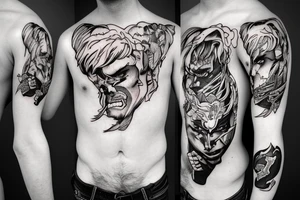A sad boy transforms into a prideful warrior that represents power, ambition and persistence. tattoo idea