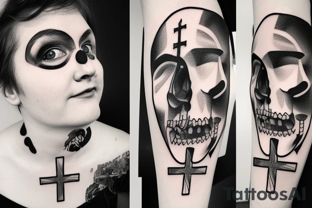 Cross with a sad and happy face tattoo idea