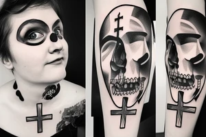 Cross with a sad and happy face tattoo idea