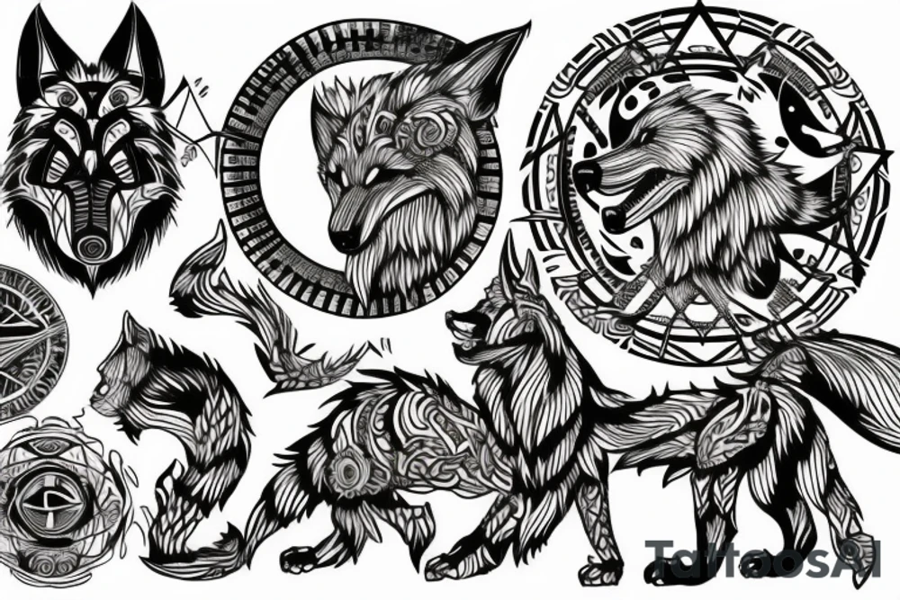Nordic, fenrir, moon, compass tattoo idea