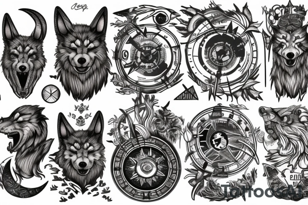 Nordic, fenrir, moon, compass tattoo idea