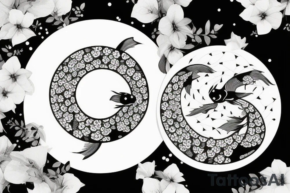 A koi fish completing a circle with the moon and surrounded by bougainvillea tattoo idea
