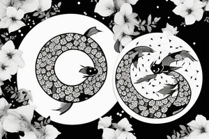 A koi fish completing a circle with the moon and surrounded by bougainvillea tattoo idea