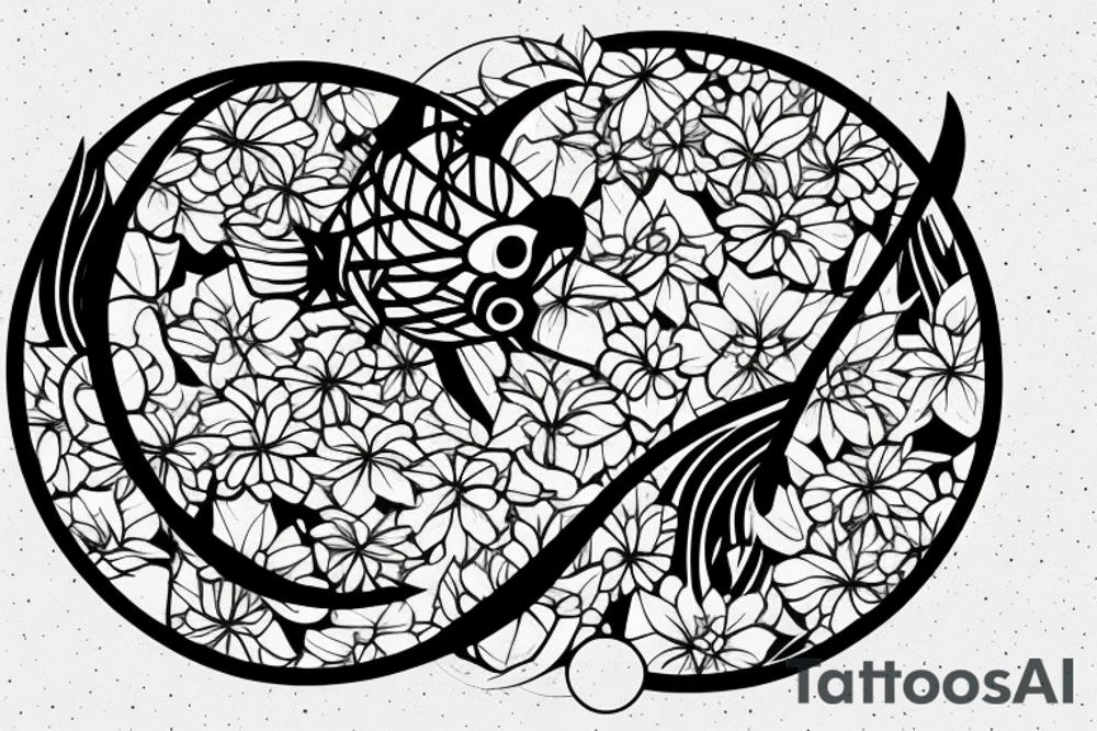 A koi fish completing a circle with the moon and surrounded by bougainvillea tattoo idea A koi fish completing a circle with the moon and surrounded by bougainvillea tattoo idea