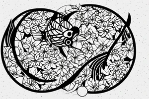 A koi fish completing a circle with the moon and surrounded by bougainvillea tattoo idea