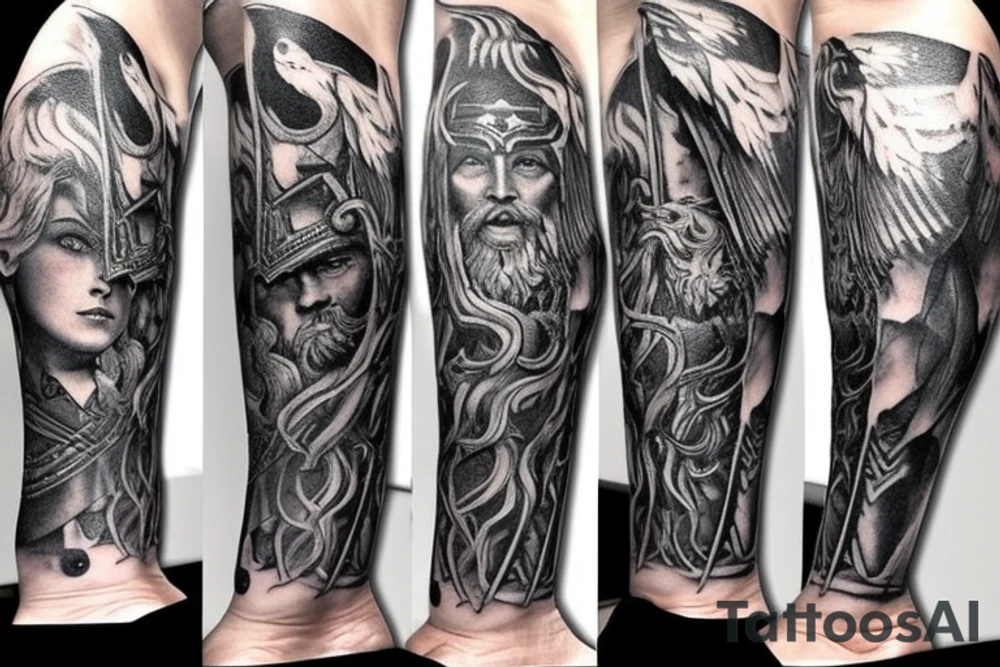 Norse mythology leg sleeve. Characters included should be Odin, Thor and a Valkyrie. Also include a raven near Odin. Sleeve should have elemental aspects throughout. tattoo idea