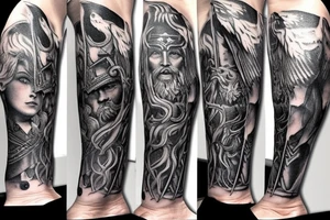 Norse mythology leg sleeve. Characters included should be Odin, Thor and a Valkyrie. Also include a raven near Odin. Sleeve should have elemental aspects throughout. tattoo idea