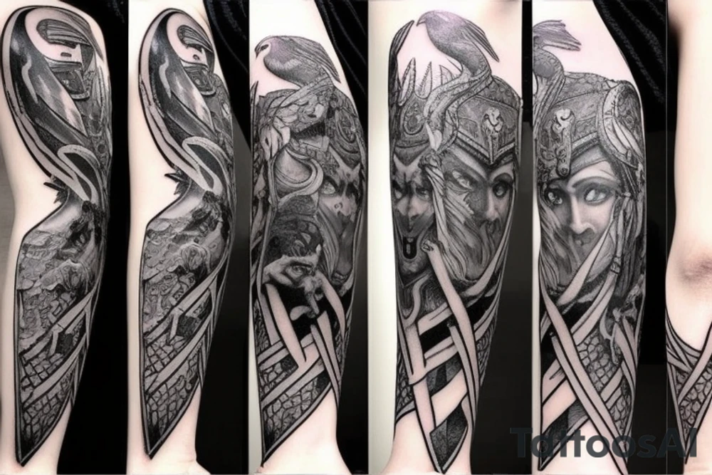 Norse mythology leg sleeve. Characters included should be Odin, Thor and a Valkyrie. Also include a raven near Odin. Sleeve should have elemental aspects throughout. tattoo idea