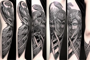 Norse mythology leg sleeve. Characters included should be Odin, Thor and a Valkyrie. Also include a raven near Odin. Sleeve should have elemental aspects throughout. tattoo idea