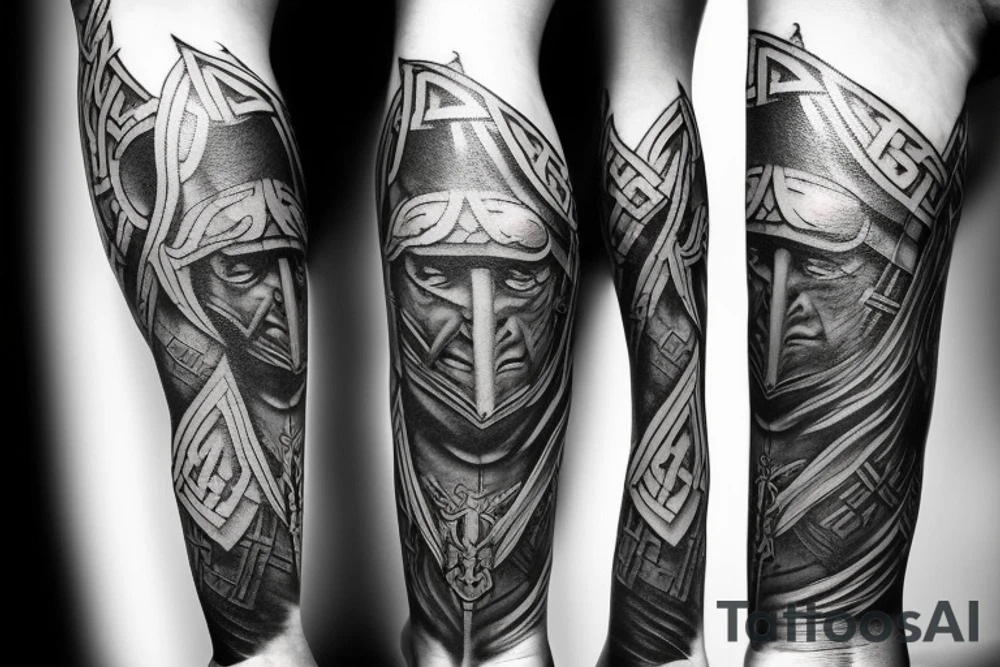 Norse mythology leg sleeve. Characters included should be Odin, Thor and a Valkyrie. Also include a raven near Odin. Sleeve should have elemental aspects throughout. Hyper realistic. Lightning should be included. Black and grey realism style. Also include thors hammer. Thigh should be included as well. tattoo idea