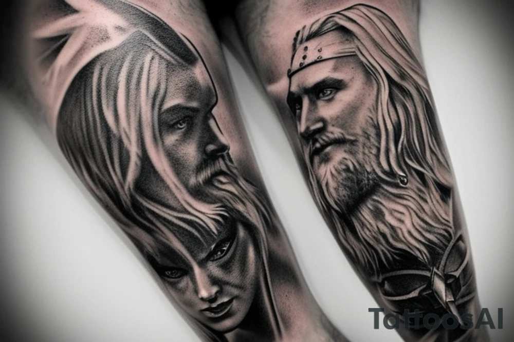 Norse mythology leg sleeve. Characters included should be Odin, Thor and a Valkyrie. Also include a raven near Odin. Sleeve should have elemental aspects throughout. Hyper realistic. Lightning should be included. Black and grey realism style. Also include thors hammer. Thigh should be included as well. tattoo idea