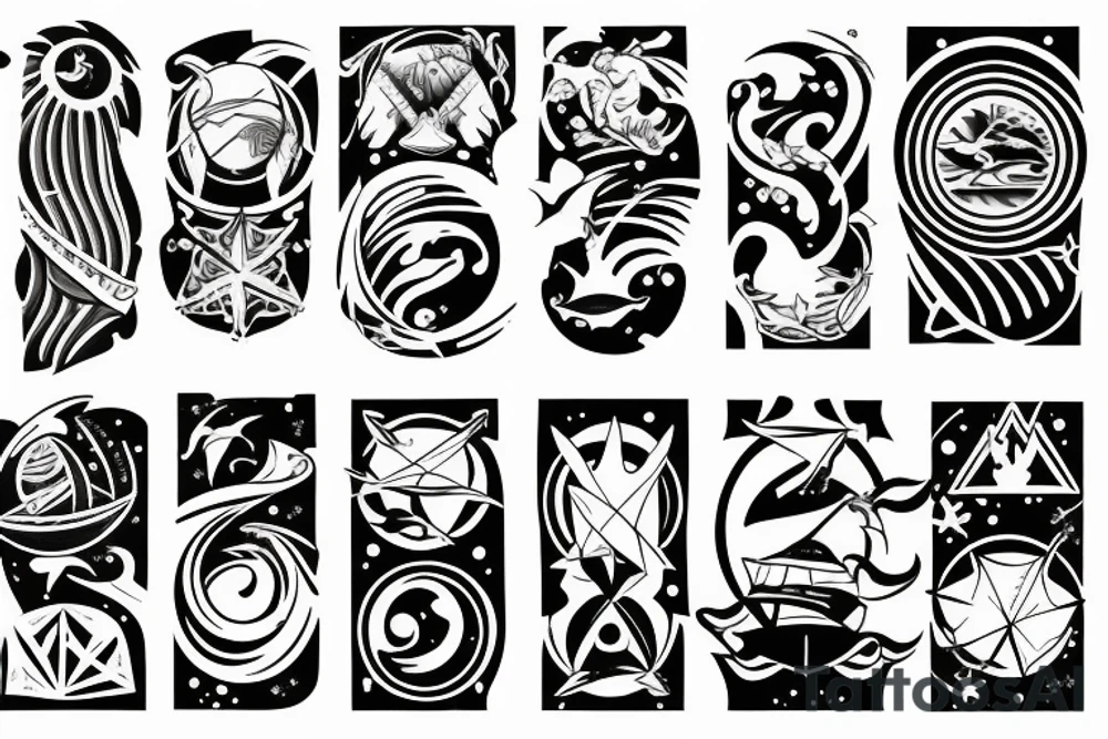 ocean theme tattoo with negative space, and some incorporation of astronomy, shark, and geometry tattoo idea