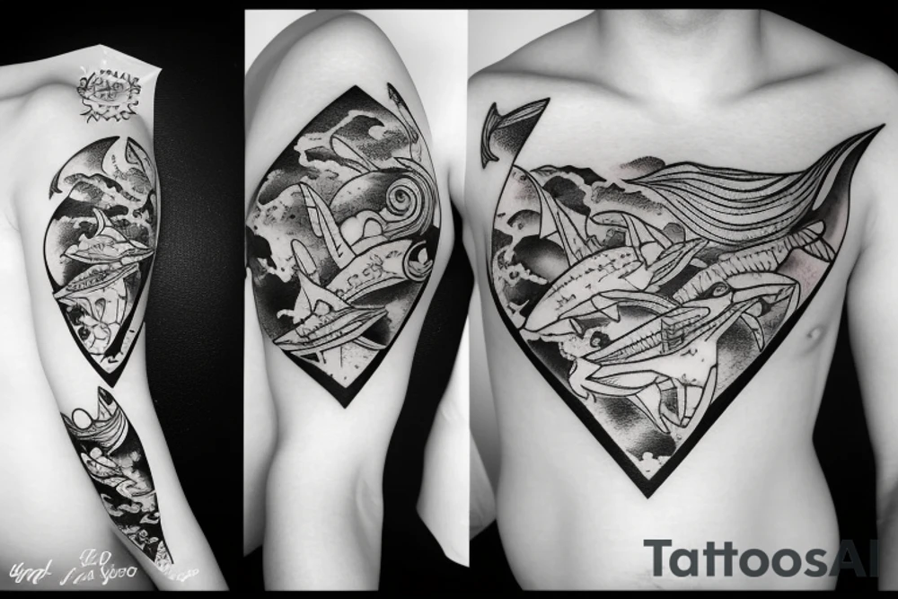 ocean theme tattoo with negative space, and some incorporation of astronomy, shark, and geometry tattoo idea